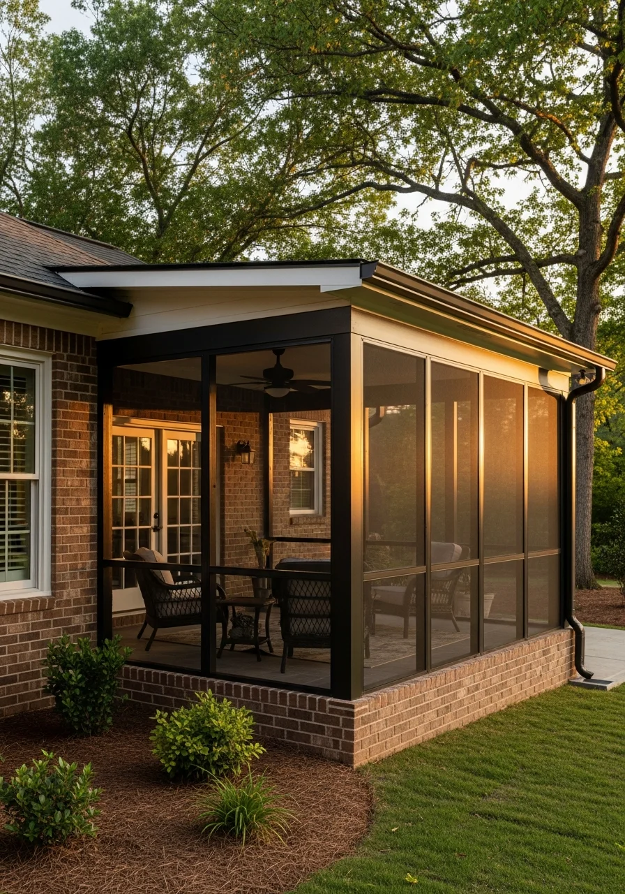 Modern screen room addition on residential home in McDonough with patio furniture visible