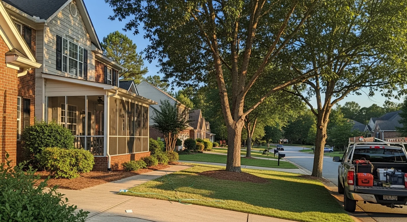 Conyers residential area with established homes, mature trees, and tree-lined street.