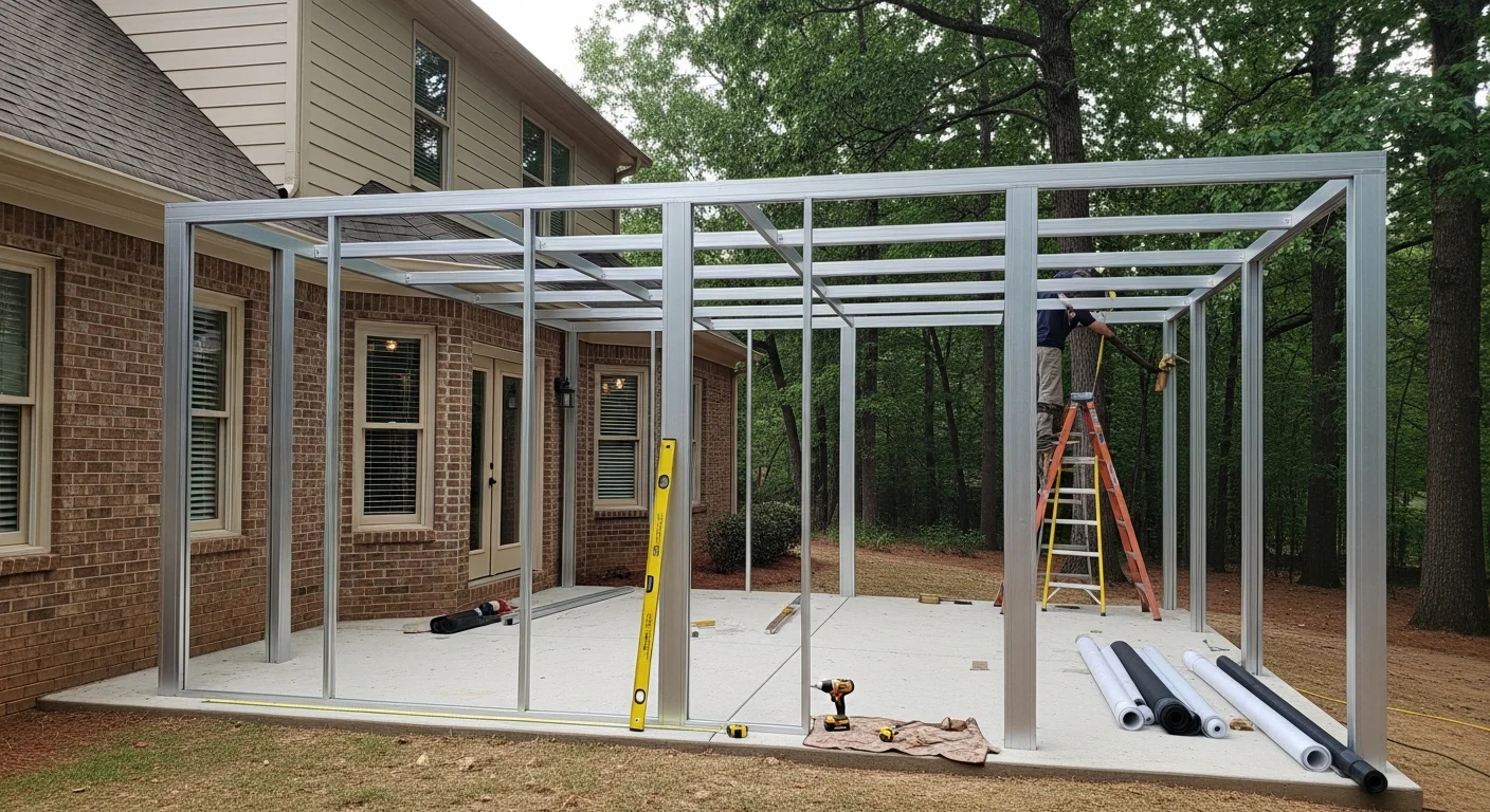 A completed aluminum screen room attached to the back of a single-story home in Loganville, Georgia, with screened panels, a solid roof, and a view of a landscaped backyard. The structure shows a powder-coated aluminum frame and full-perimeter screen mesh on a concrete patio slab.