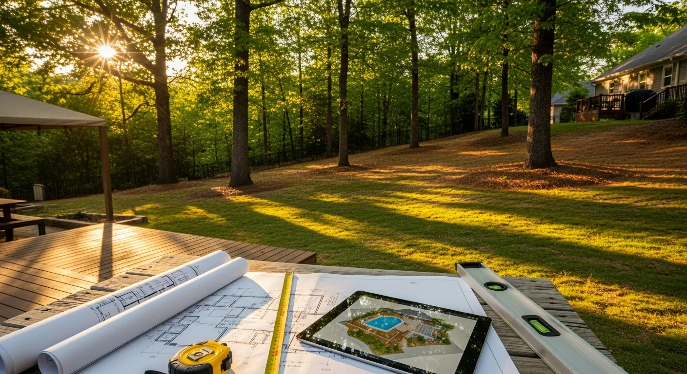 A custom screened outdoor living space attached to a residential home in Loganville, Georgia, featuring a covered structure with open views of a wooded backyard. The design includes defined seating and gathering areas suited to the lot's natural grade and tree line.