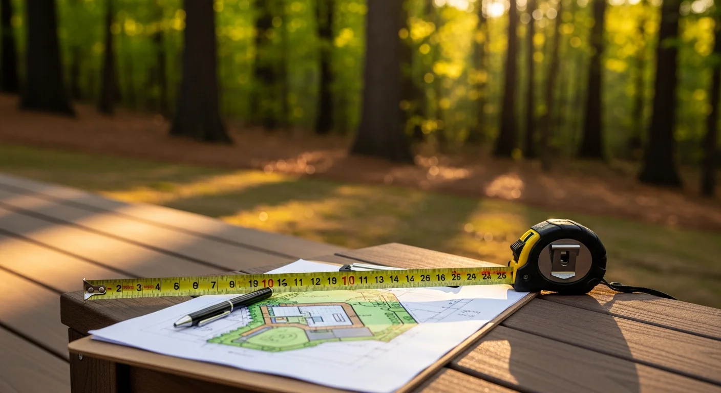 A Georgia ScreenRooms consultant reviewing a backyard layout with a Loganville homeowner, with an open patio and tree line visible in the background. The site assessment focuses on structure placement and yard conditions typical of Loganville residential properties.