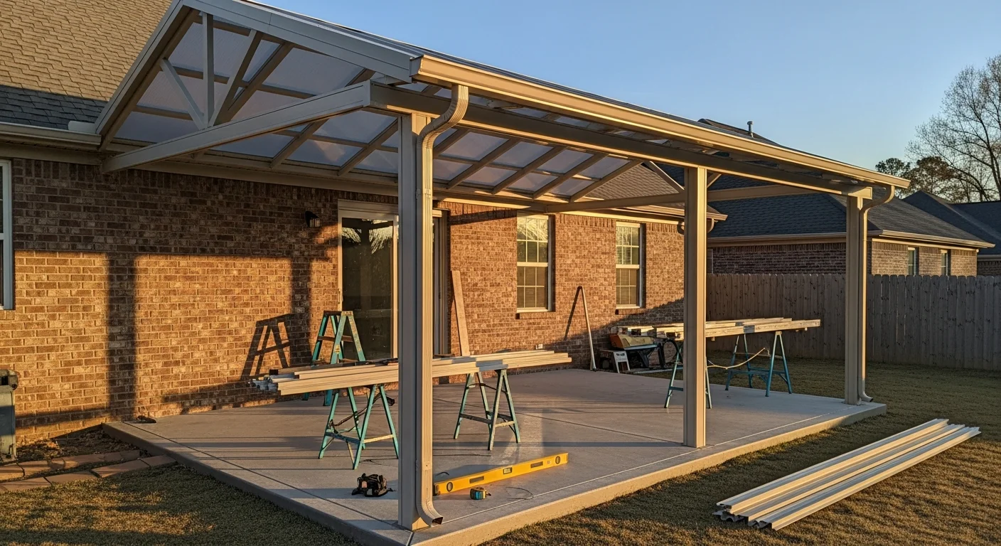 A newly installed solid-roof patio cover on the back of a single-story home in Loganville, Georgia, with a covered concrete patio beneath and a shaded seating area visible. The structure is attached to the home's exterior wall and extends over the full patio width.