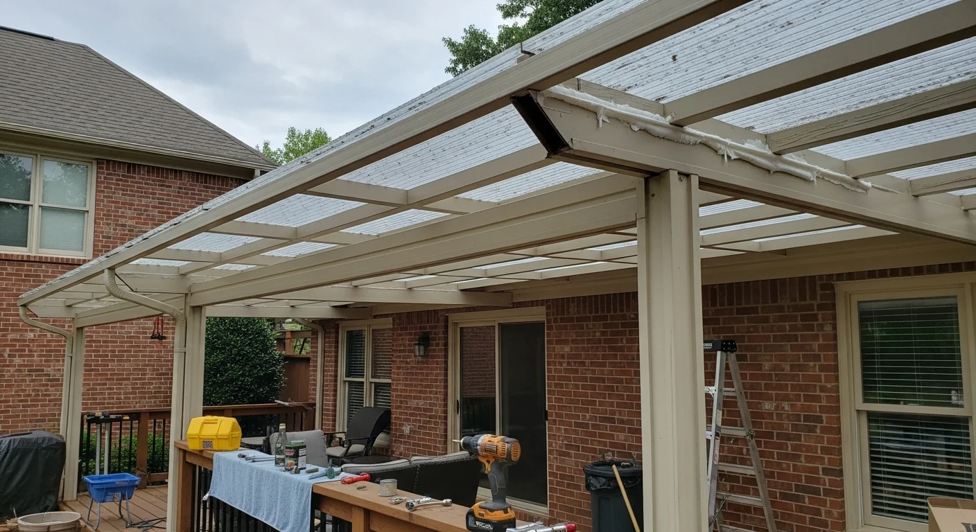 A repaired patio cover attached to a residential home in Loganville, Georgia, showing straight support posts, secure panel seams, and clean framing connections. The structure is viewed from the backyard with no visible sagging or storm damage.