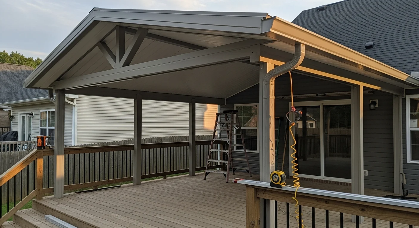 A newly installed patio cover on a Loganville, Georgia home, showing clean panel lines, solid post supports, and a properly pitched roof over a concrete patio. The replacement cover is attached flush to the rear exterior wall with no visible sagging or gaps.