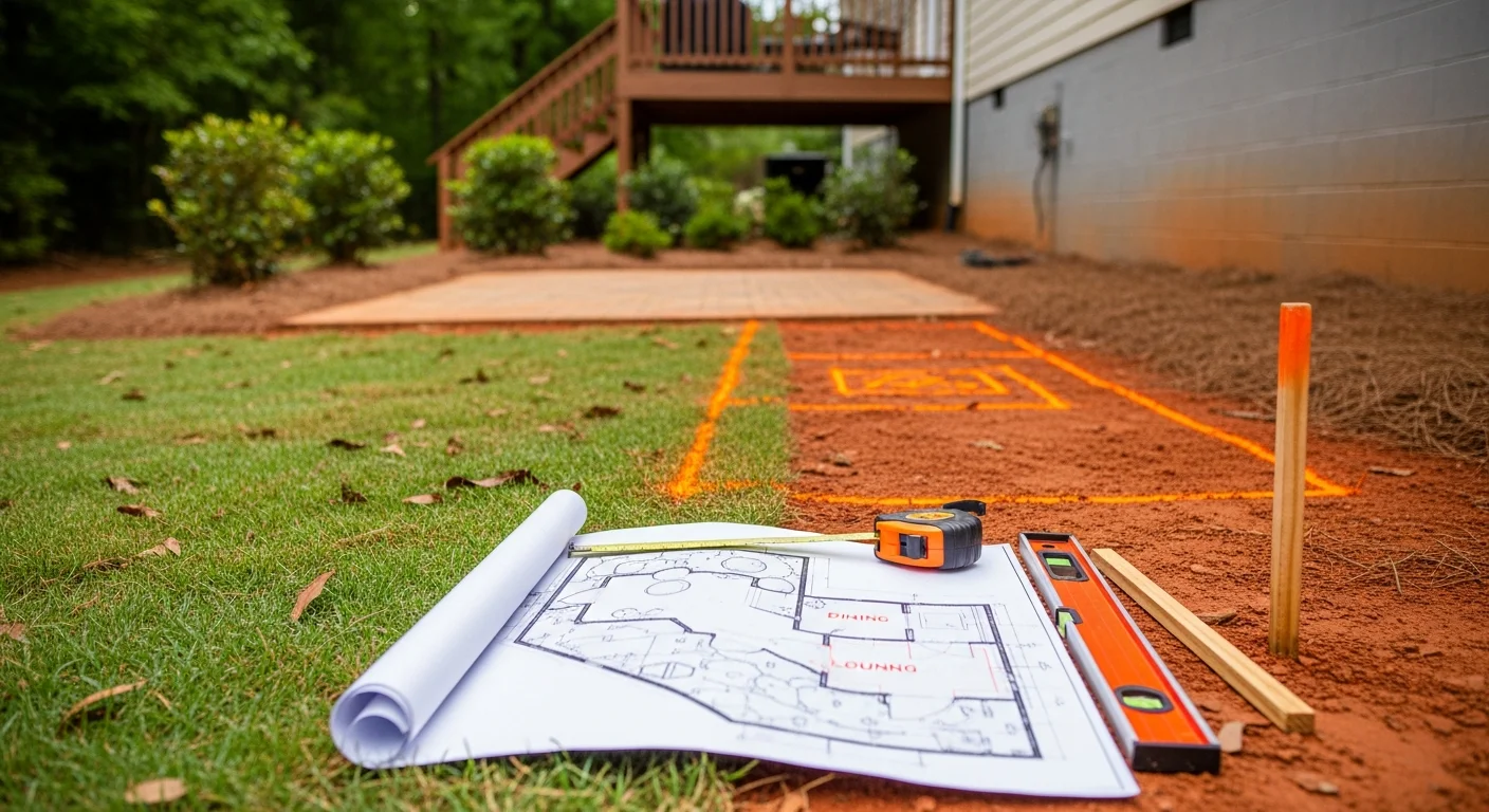 A custom-designed backyard patio in Loganville, Georgia, featuring defined seating and dining zones with hardscape surfaces suited to Georgia's climate. The patio connects to a screened outdoor structure with a view of a sloped residential yard.
