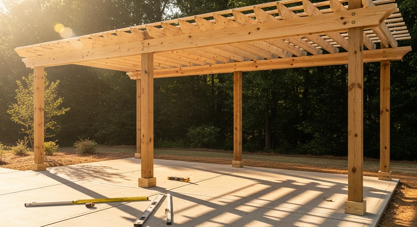 A custom wood-framed pergola installed over a concrete backyard patio in Loganville, Georgia, with open beam rafters casting shade across outdoor seating. The structure is anchored to the slab and set against a residential backyard typical of Walton County homes.