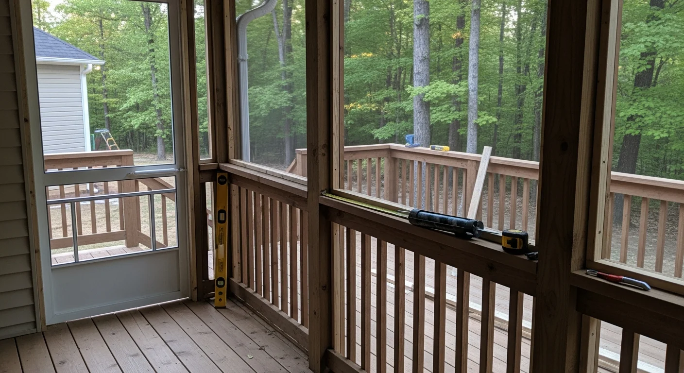 A finished custom screen enclosure installed on the back patio of a single-family home in Loganville, Georgia. The structure features a framed aluminum screen system enclosing an open-air patio with a wooded backyard visible through the mesh.