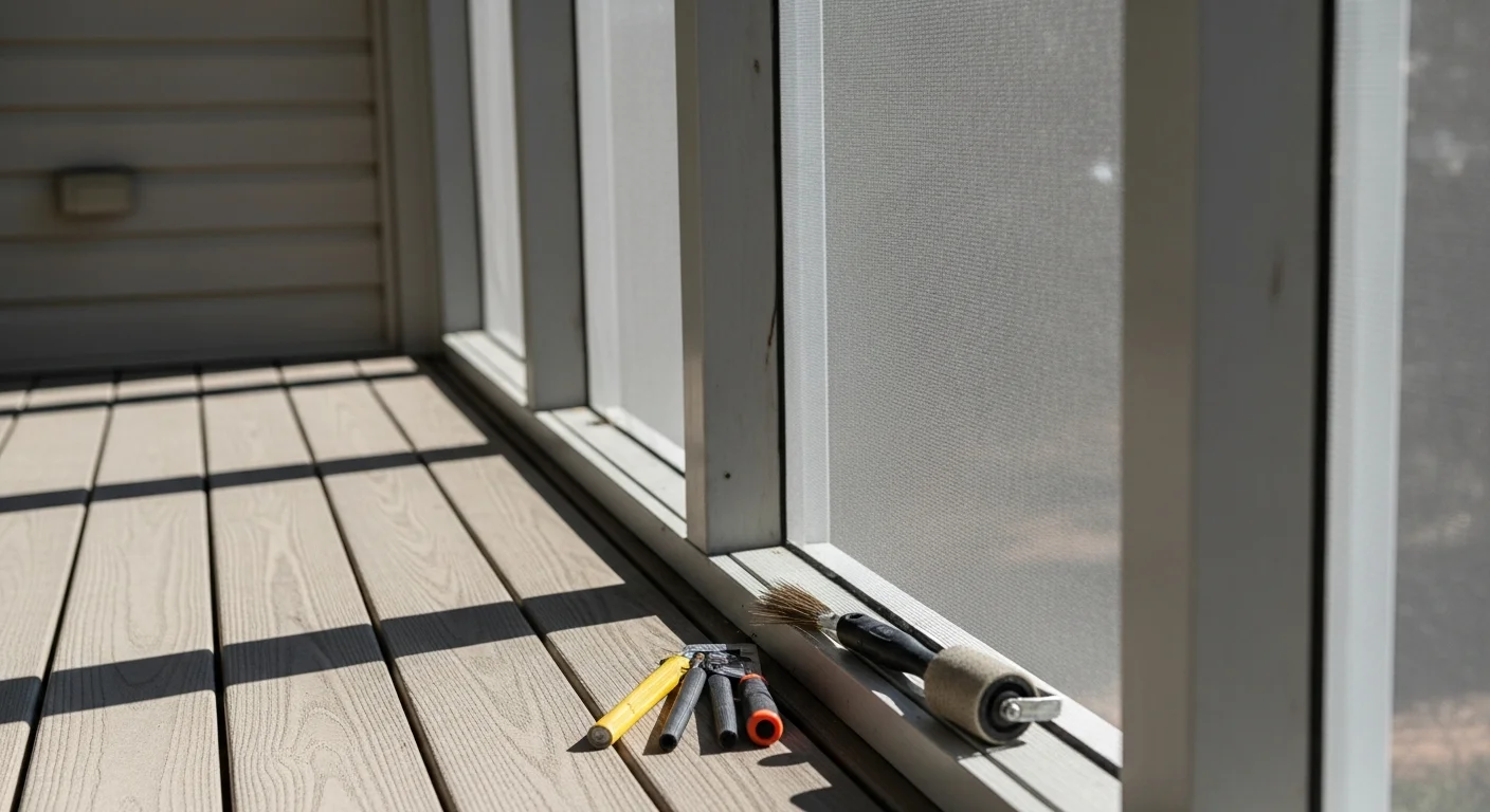 Close-up view of a freshly rescreened panel on a residential screen room in Loganville, Georgia, with tight mesh and a clean aluminum frame visible against a backyard setting.