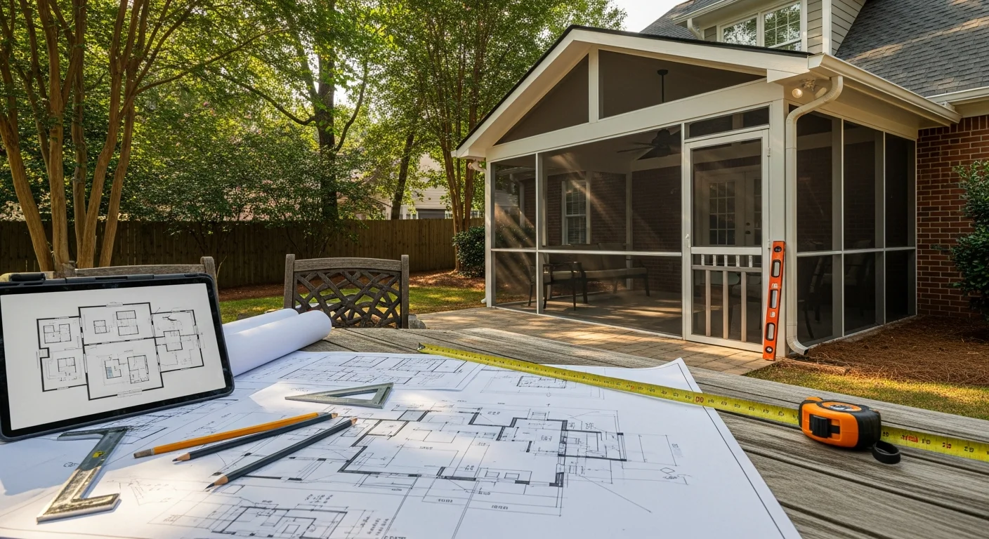 A custom screen room attached to the back of a residential home in Loganville, Georgia, with screened panels on all sides and a covered roof. The structure opens to a backyard patio and is designed to provide shade and insect protection during Georgia's warm, humid months.