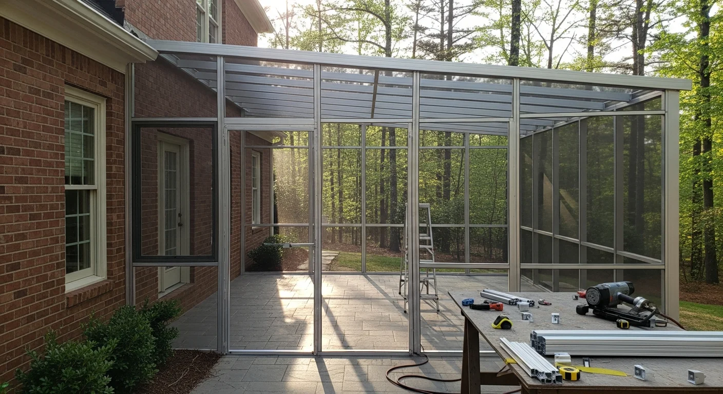 A finished screen room attached to the back of a Loganville, Georgia home, with aluminum framing, full-panel screen walls, and a view of a wooded backyard. The interior shows an open, shaded space suitable for outdoor seating and dining.