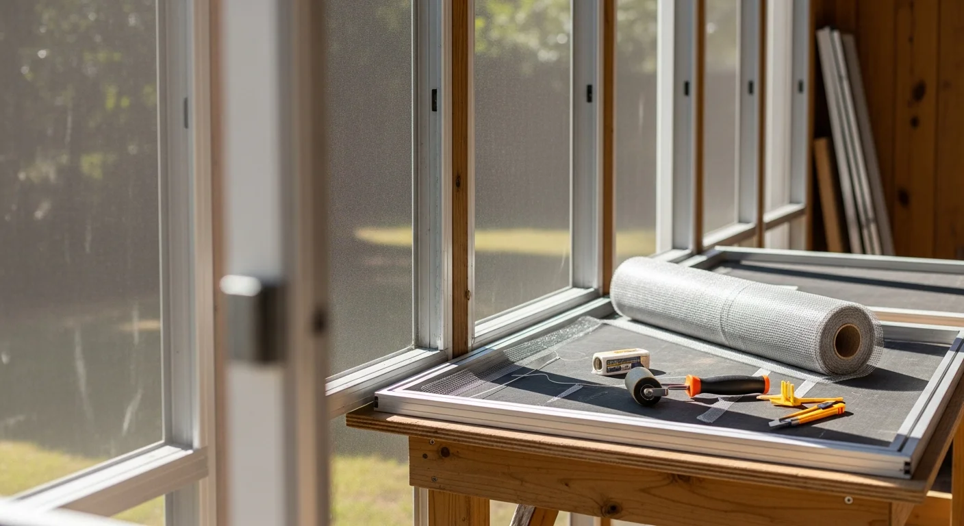 A repaired screen room on a Loganville, Georgia home with taut, evenly tensioned screen panels and a properly aligned screen door. The aluminum frame shows no visible damage, and the enclosure is ready for use as an outdoor living space.