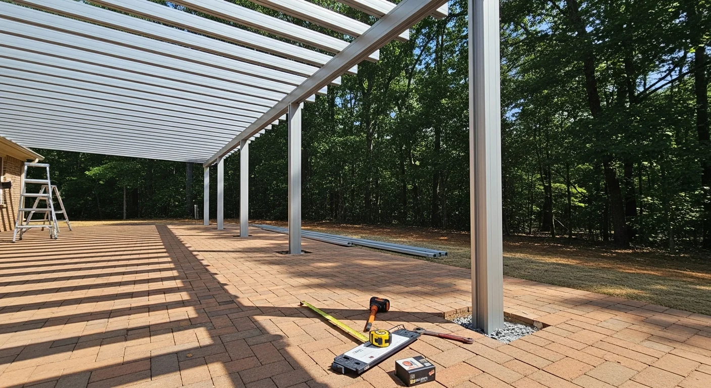 A custom patio shade structure installed by Georgia ScreenRooms on the back of a Loganville home, providing overhead coverage over a concrete patio. The structure features clean lines and a solid roof panel that blocks direct sun and rain.
