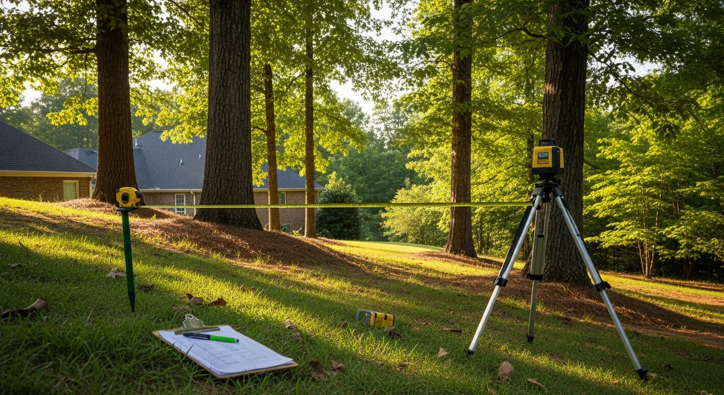 A Georgia ScreenRooms consultant reviewing a residential backyard in Loganville, GA, noting yard slope and sun exposure during an outdoor structure site assessment. The lot features mature trees and a sloped grade typical of Loganville properties.