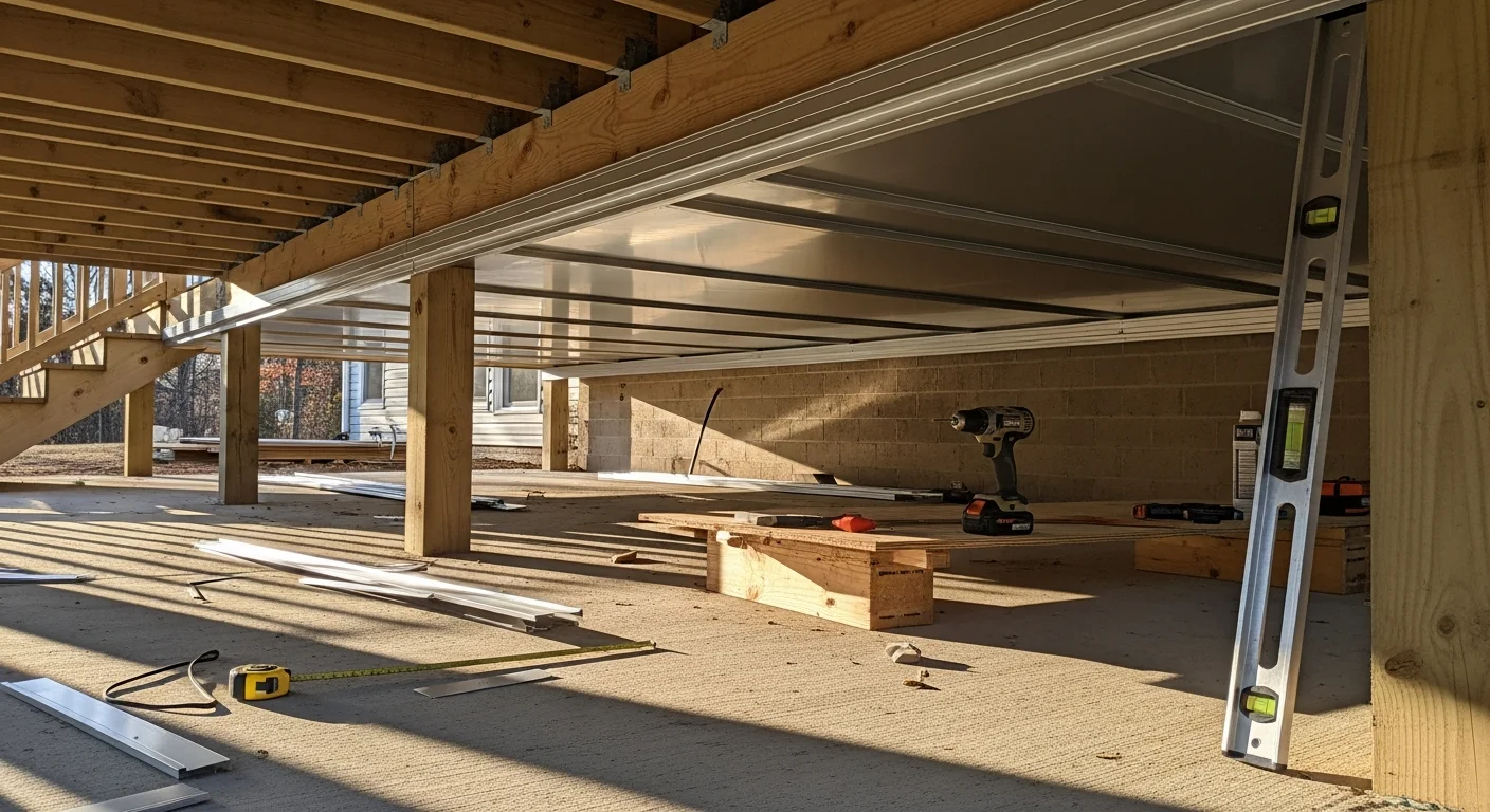 A finished under deck ceiling installation on a Loganville, Georgia home, showing clean panel work beneath an elevated deck with a dry patio area below. The covered space includes outdoor seating protected from rain by the integrated drainage ceiling system.