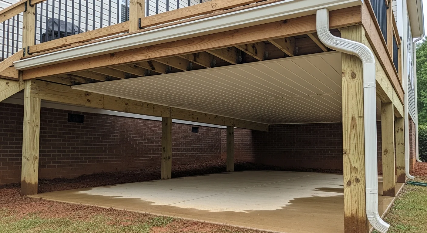 A finished under deck drainage system installed beneath an elevated residential deck in Loganville, Georgia, showing clean panel ceiling, integrated gutters, and a dry patio space below. The covered area is set up with outdoor seating under a clear sky following a rain event.