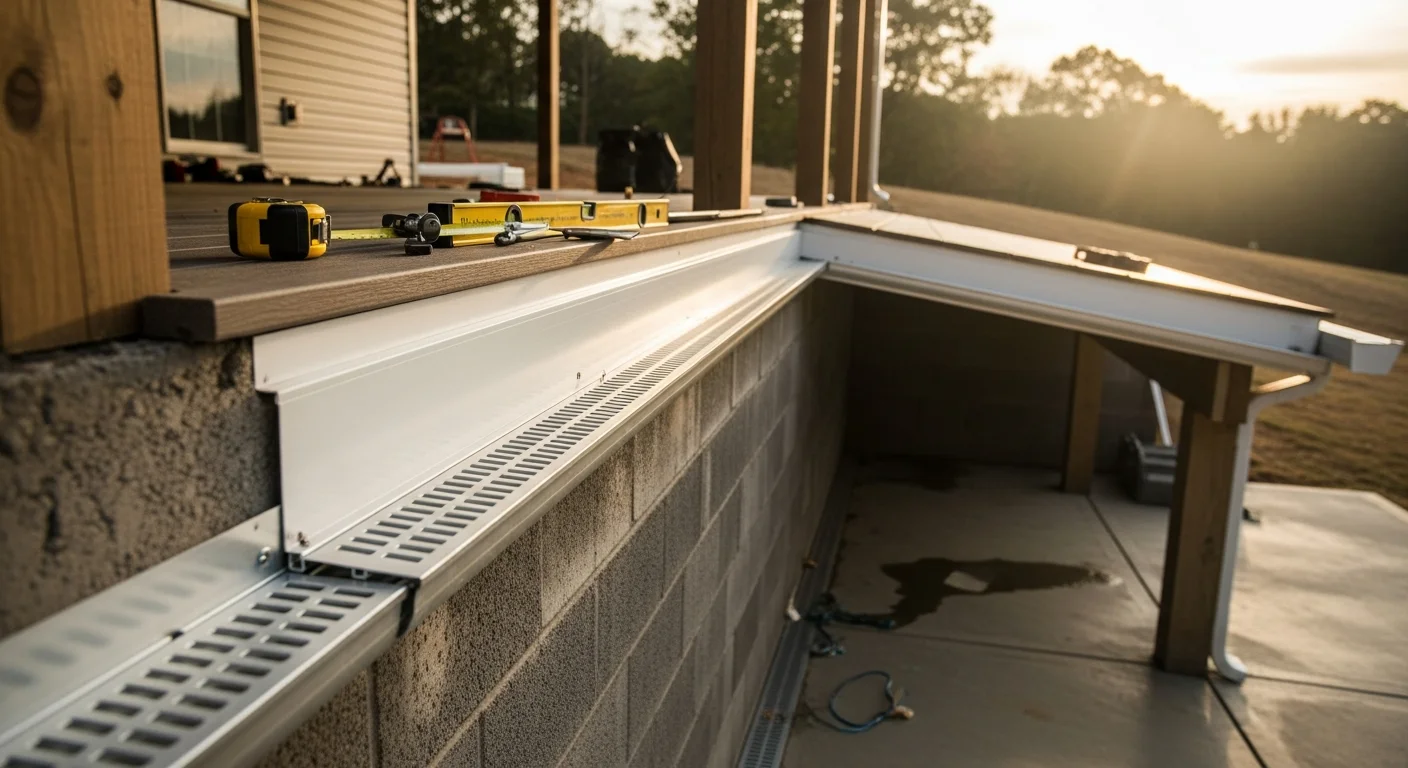 A finished under deck enclosure installed beneath an elevated residential deck in Loganville, Georgia, showing a dry, paneled ceiling with integrated drainage and an open outdoor living area below. The space includes outdoor seating on a clean, dry surface with the home's rear exterior visible in the background.